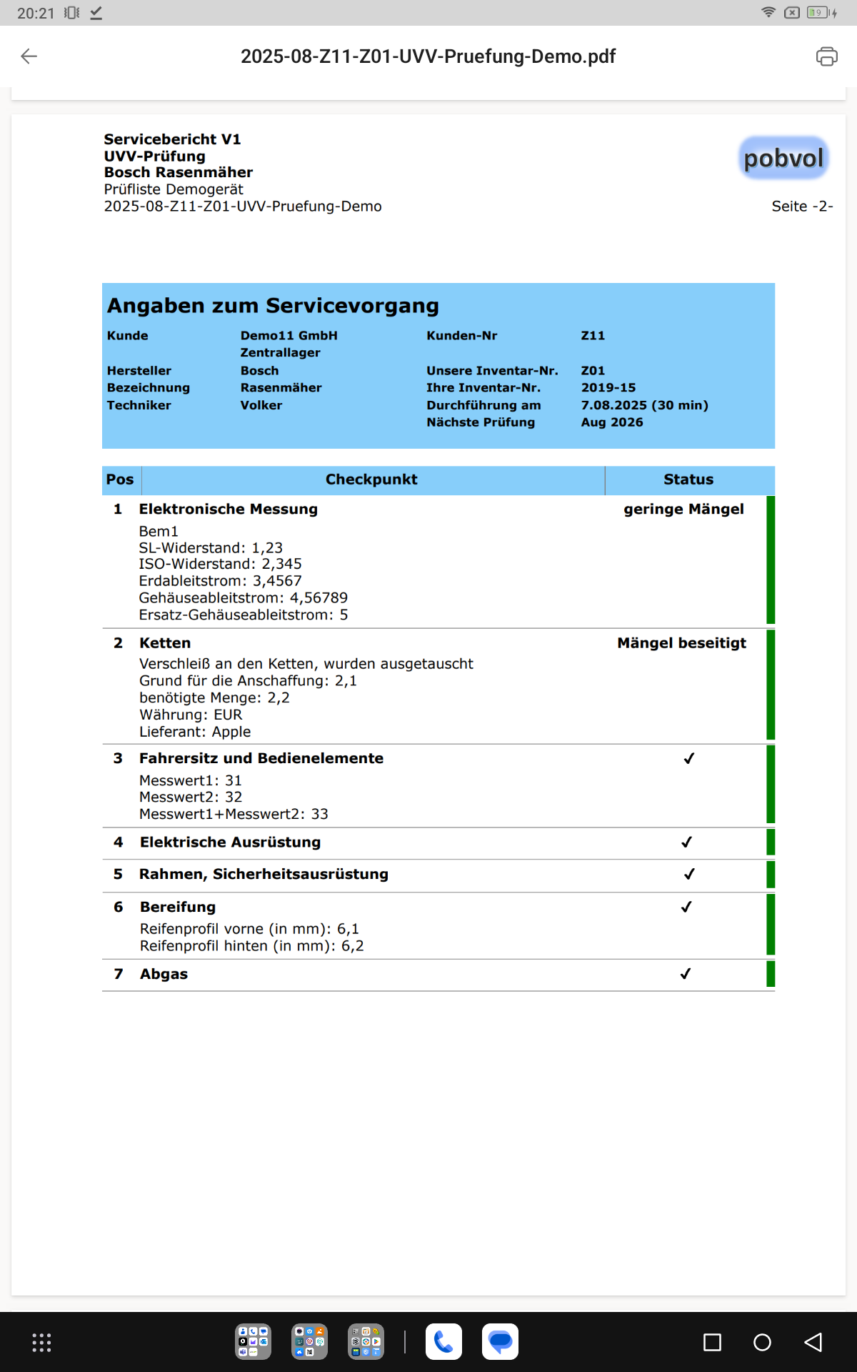 pobvol|pssService|Servicebericht|Seite 2 Checkliste