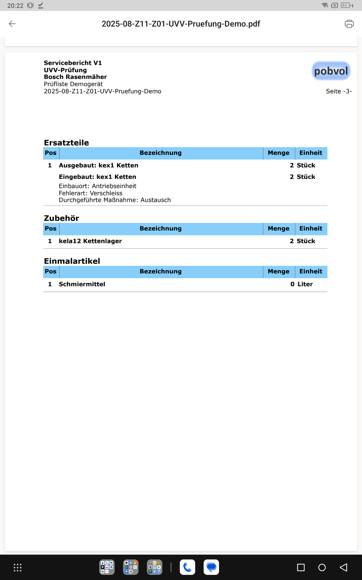 pobvol|pssService|Servicebericht|Seite 3 Ersatzteile / Zubehör / Einmalartikel