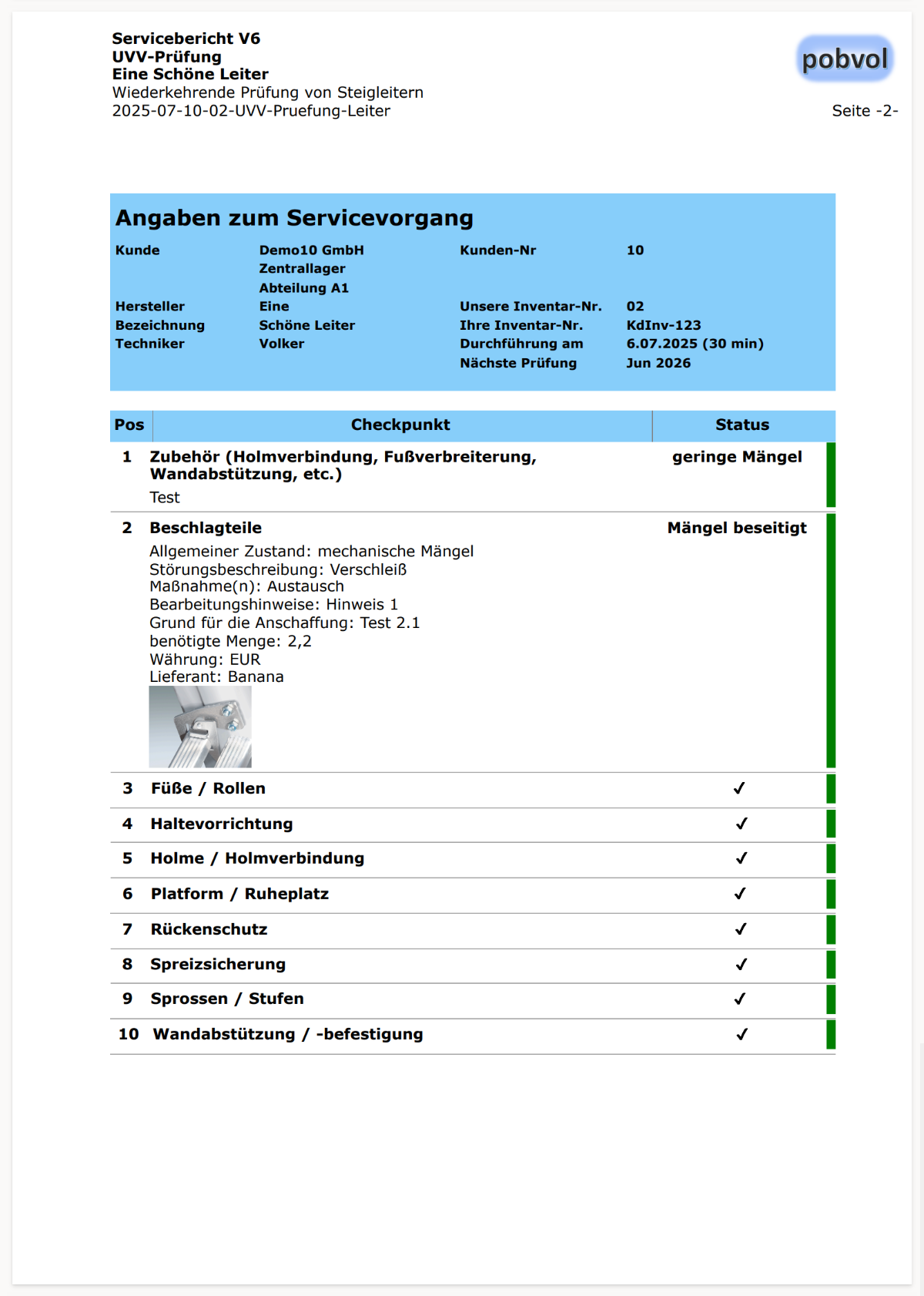 pobvol|pssService|Servicebericht|Seite 2 Checkliste