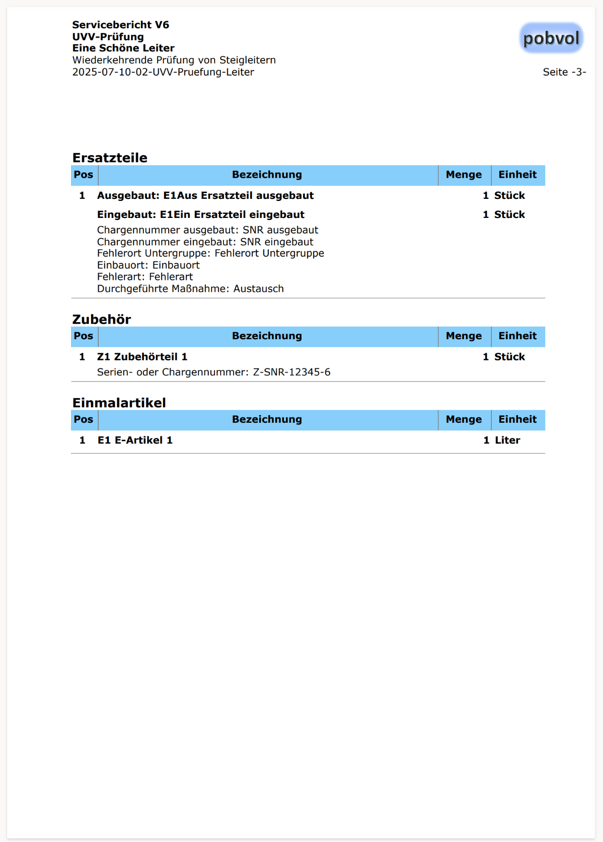 pobvol|pssService|Servicebericht|Seite 3 Ersatzteile / Zubehör / Einmalartikel