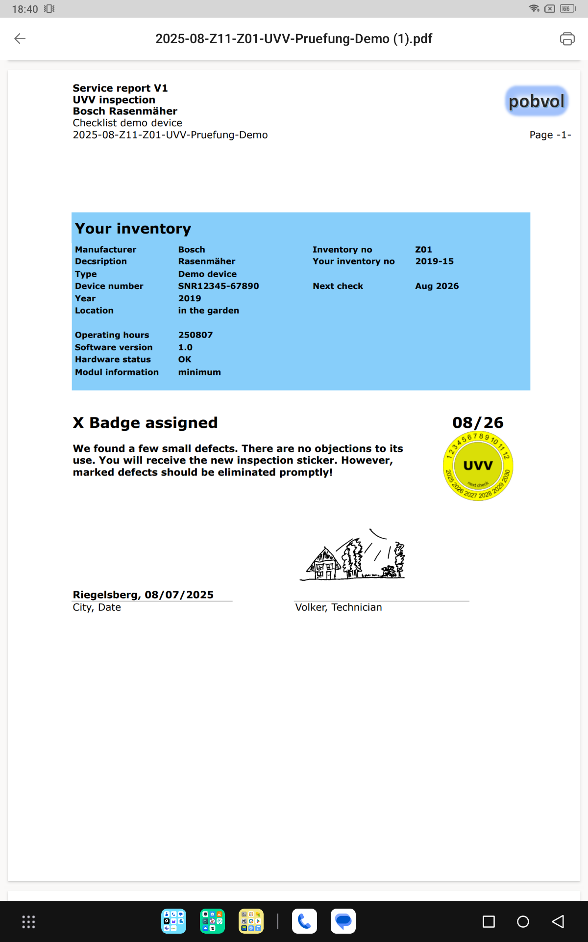 pobvol|pssService|Service report|Page 1 Inventory and final rating