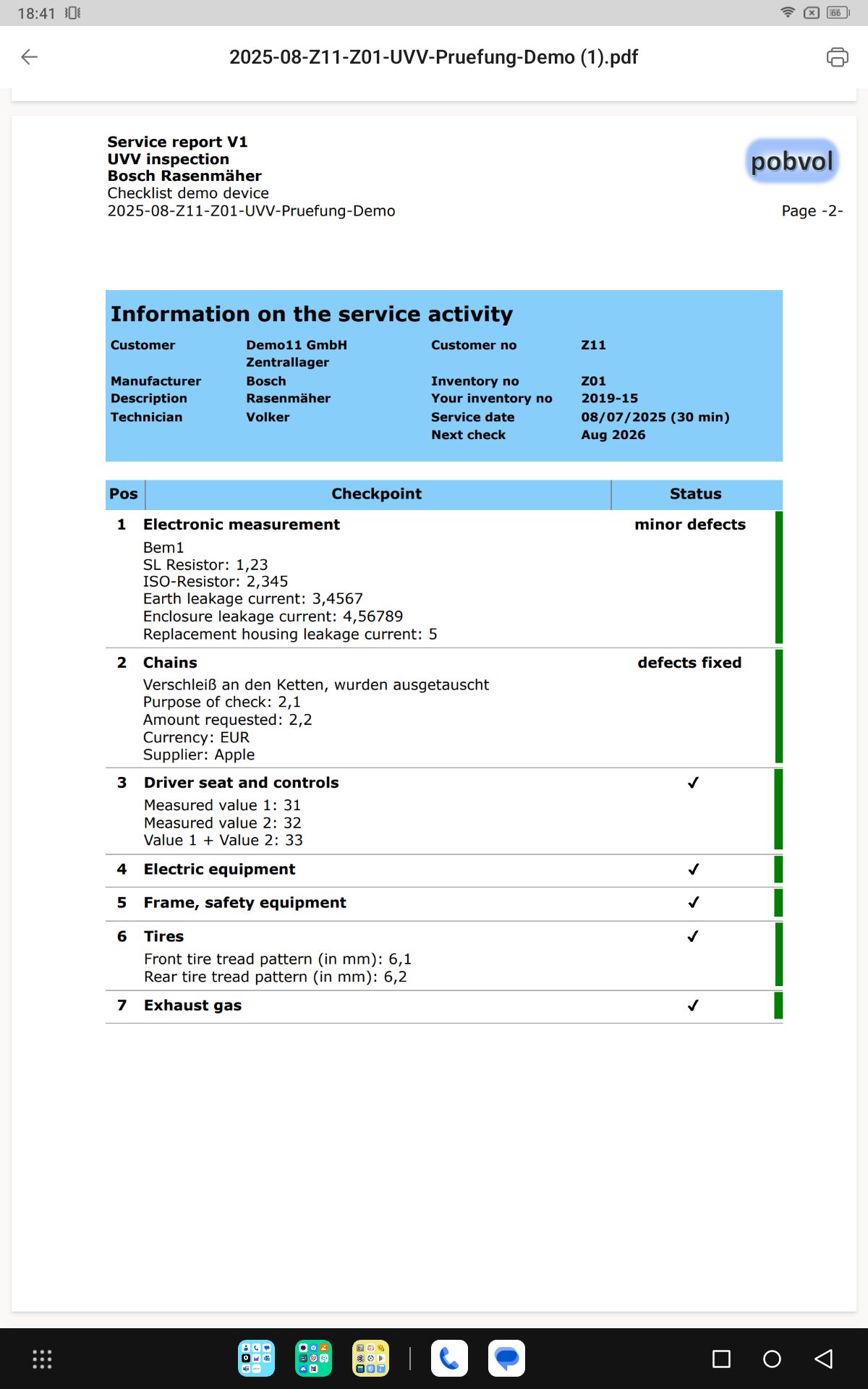 pobvol|pssService|Service report|Page 2 Checklist
