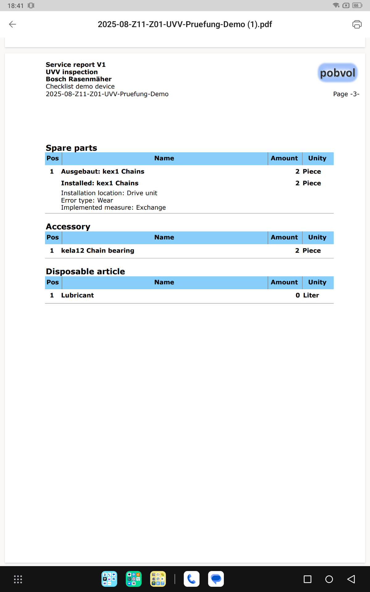 pobvol|pssService|Service report|Page 3 Spare parts / Accessories / Disposable items